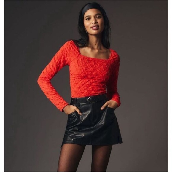 NWT Anthropologie Maeve Long Sleeve Popcorn Crop Top Red Modern Square Stretch - Picture 1 of 8